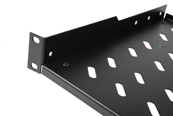 Hylly, 19" 1U kiinteä, 300mm, 30kg Kiinteä hylly, musta, 2-pistekiinnitys