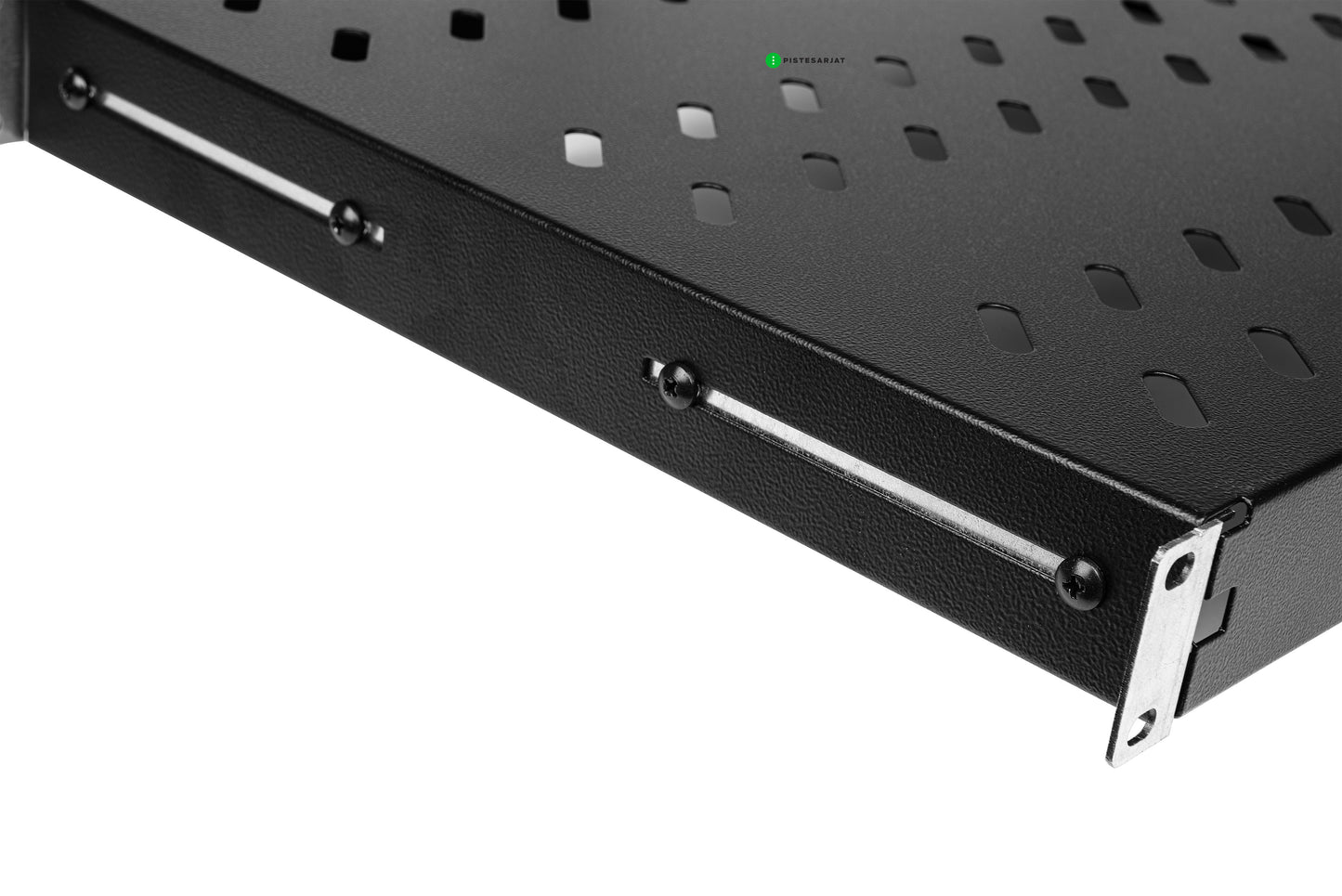 Hylly, 19" 1U kiinteä, 370mm, 50kg Kiinteä hylly, musta, 4-pistekiinnitys