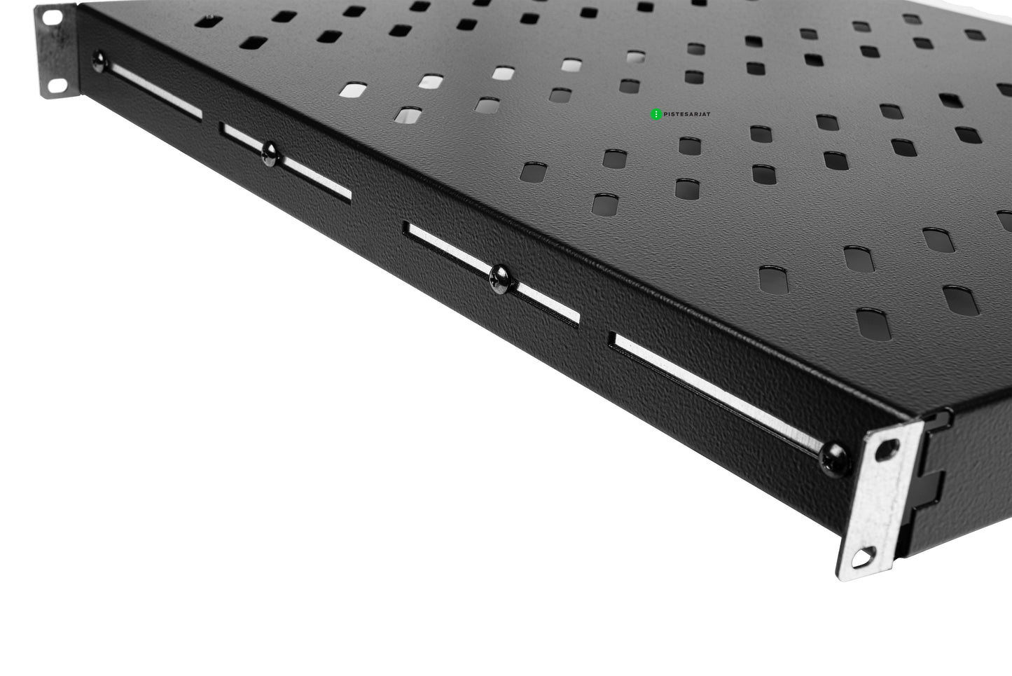 Hylly, 19" 1U kiinteä, 570mm, 50kg Kiinteä hylly, musta, 4-pistekiinnitys