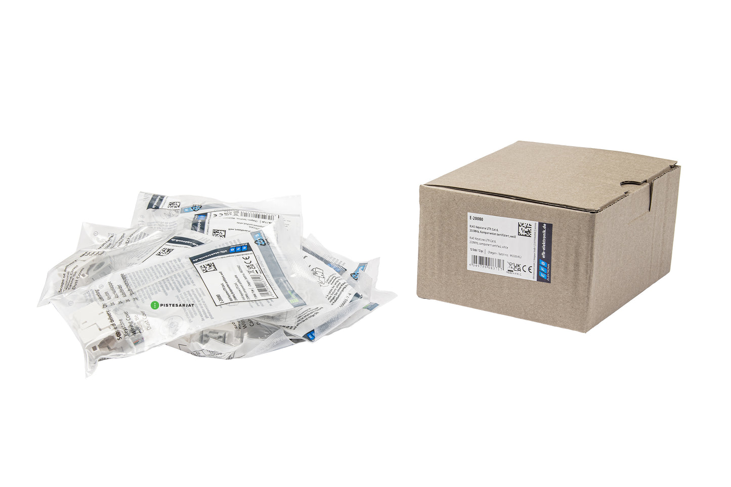 Liitin-Cat6 RJ45 UTP Keystone E-20080 Cat.6 UTP Työkaluton, valkoinen 12kpl/pkt