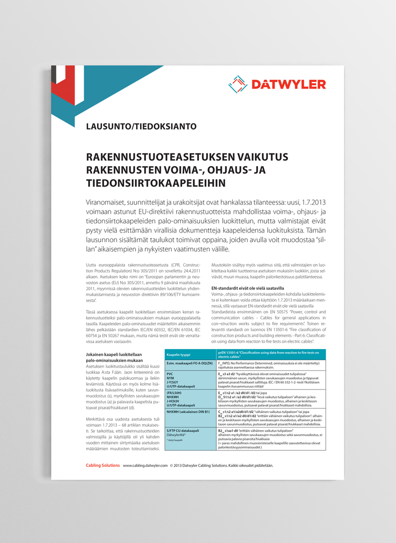 DATWYLER - Lausunto / WHITE PAPER - Voima-, ohjaus ja tiedonsiirtokaapelit