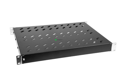 Hylly, 19" 1U kiinteä, 370mm, 50kg Kiinteä hylly, musta, 4-pistekiinnitys