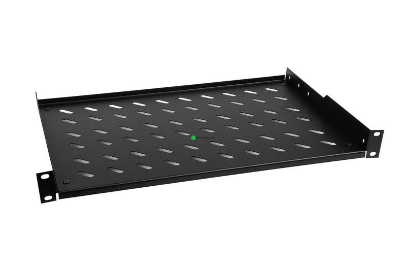 Hylly, 19" 1U kiinteä, 300mm, 30kg Kiinteä hylly, musta, 2-pistekiinnitys