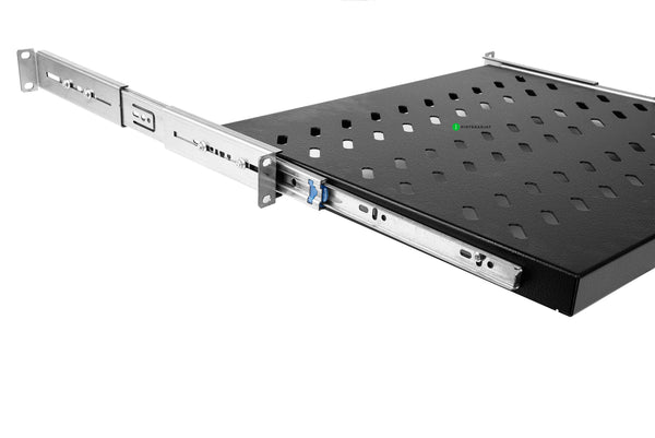 Hylly, 19" 1U liukuhylly, 370mm, 30kg Liukuhylly, musta, 4-pistekiinnitys