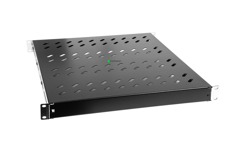 Hylly, 19" 1U kiinteä, 570mm, 50kg Kiinteä hylly, musta, 4-pistekiinnitys